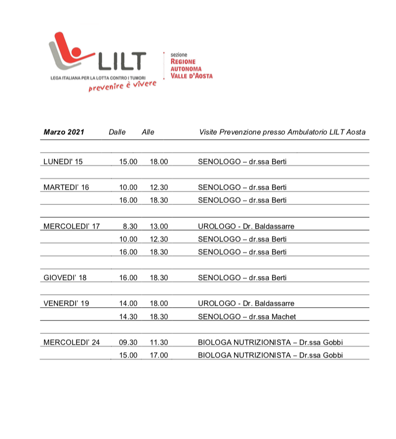 Il calendario delle visite di prevenzione nell'ambulatorio Lilt VdA