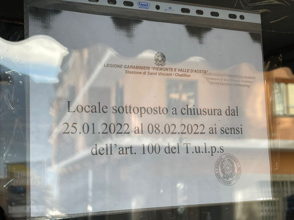 Saint-Vincent: sospesa l'attività di un locale per disturbo della quiete pubblica