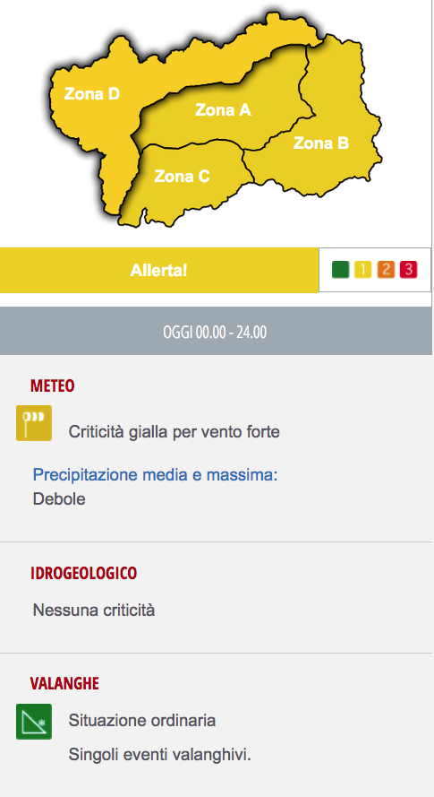 Il bollettino di criticità emanato dalla Protezione civile regionale con validità dalle 14 del 30 alle 23.59 del 31 gennaio 2022