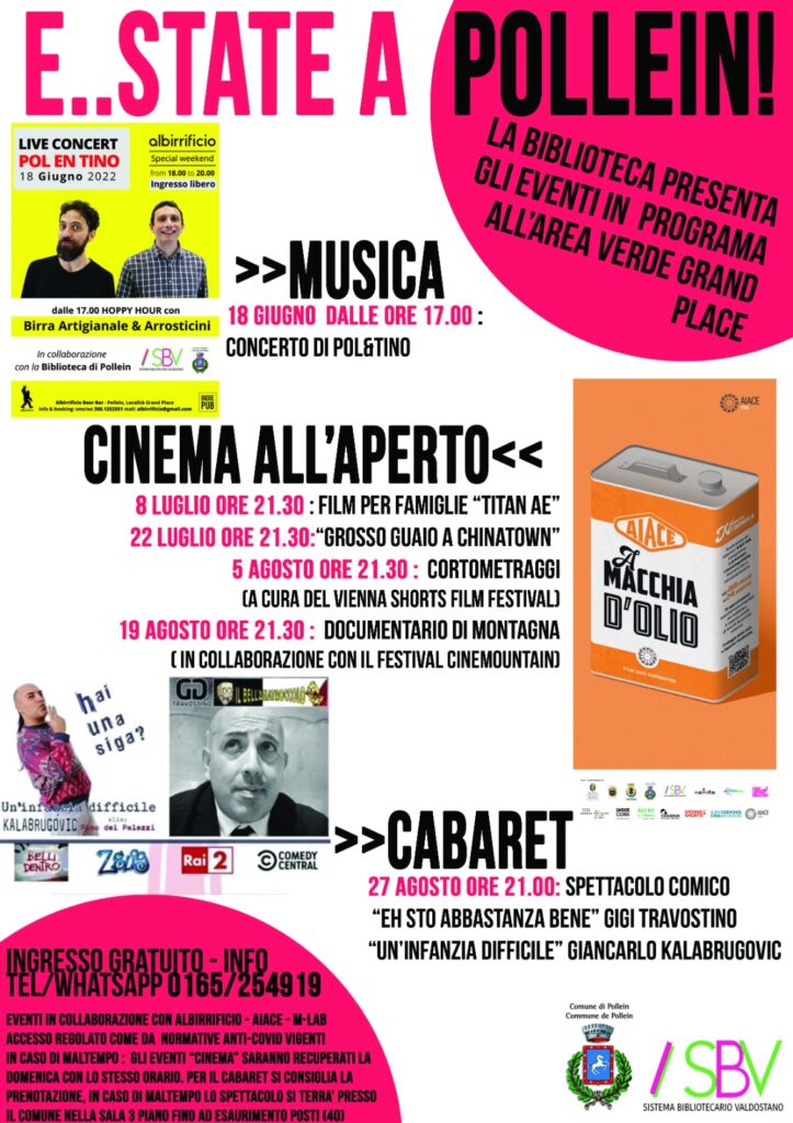 Cinema all’aperto e cabaret per l’E…state a Pollein 2022