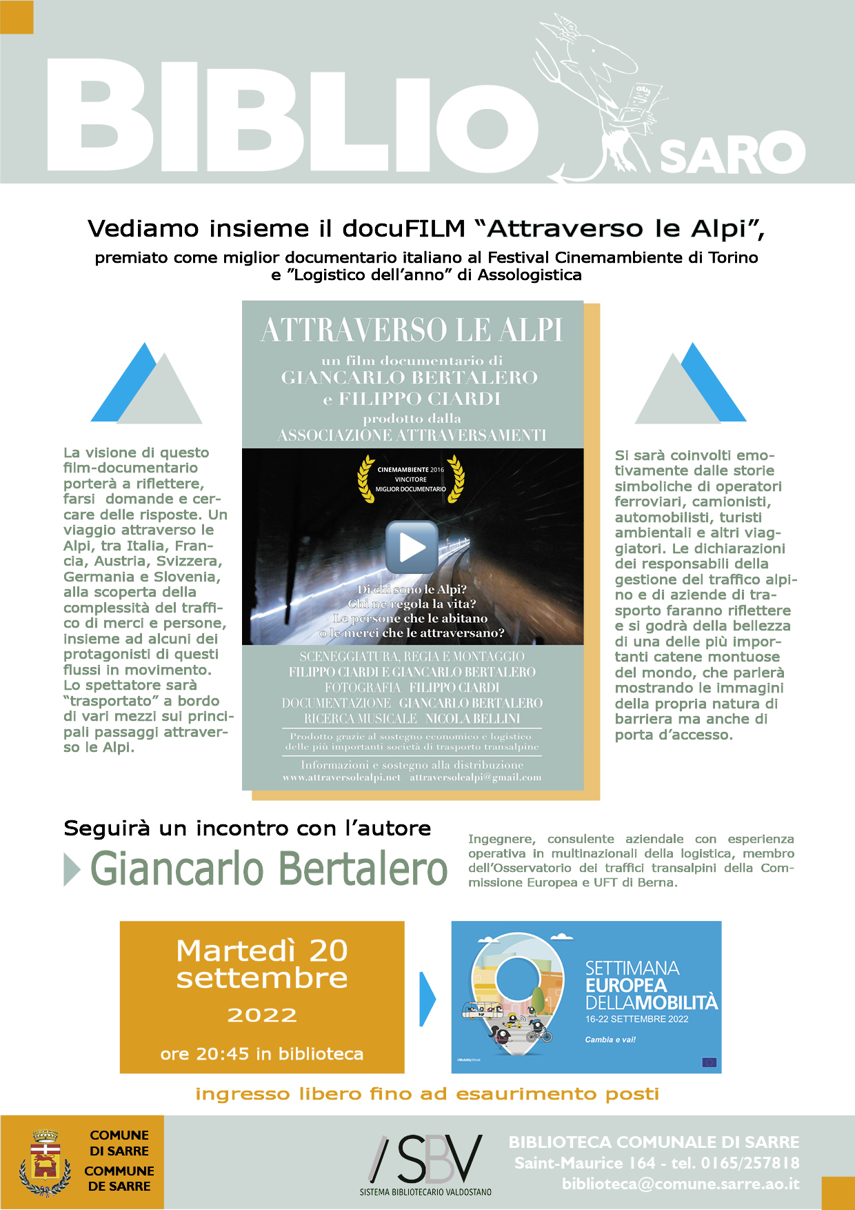 Biblioteca di Sarre: una serata con il docufilm Attraverso le Alpi