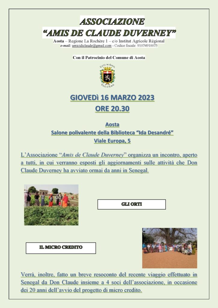 Volantino Serata 16 Marzo 2023 don Claude duverney viaggio Senegal