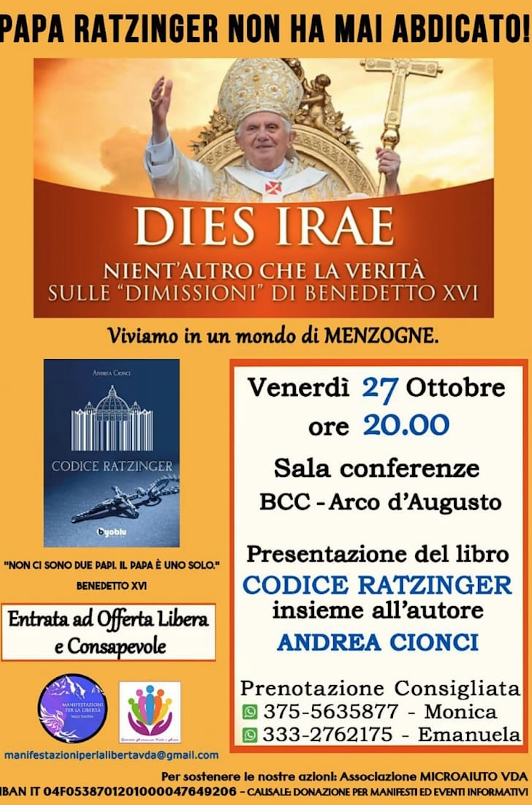 Ad Aosta, Andrea Cionci presenta il suo libro Codice Ratzinger