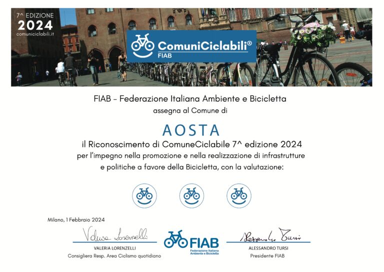 Aosta premiata come città a misura di bicicletta da Fiab