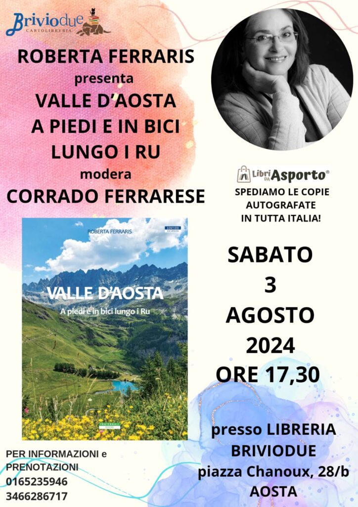 Locandina di presentazione del libeo Valle d'Aosta a piedi e in bici lungo i ru