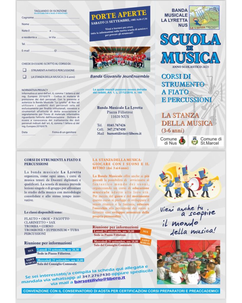 Volantino scuola di musica Nus e Saint-Marcel