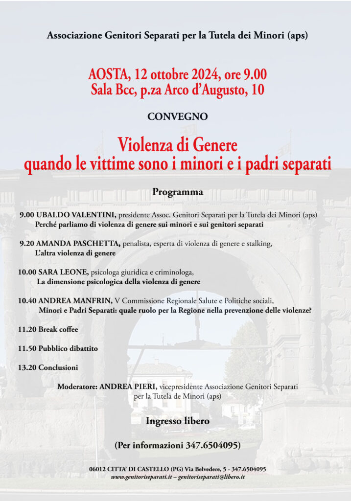 Locandina del convegno Violenza di genere, quando le vittime sono i minori e i padri separati