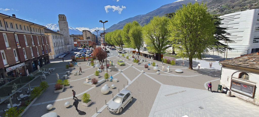 Progetto vista da est delle aree limitrofe alla nuova sede dell’Università della Valle d’Aosta