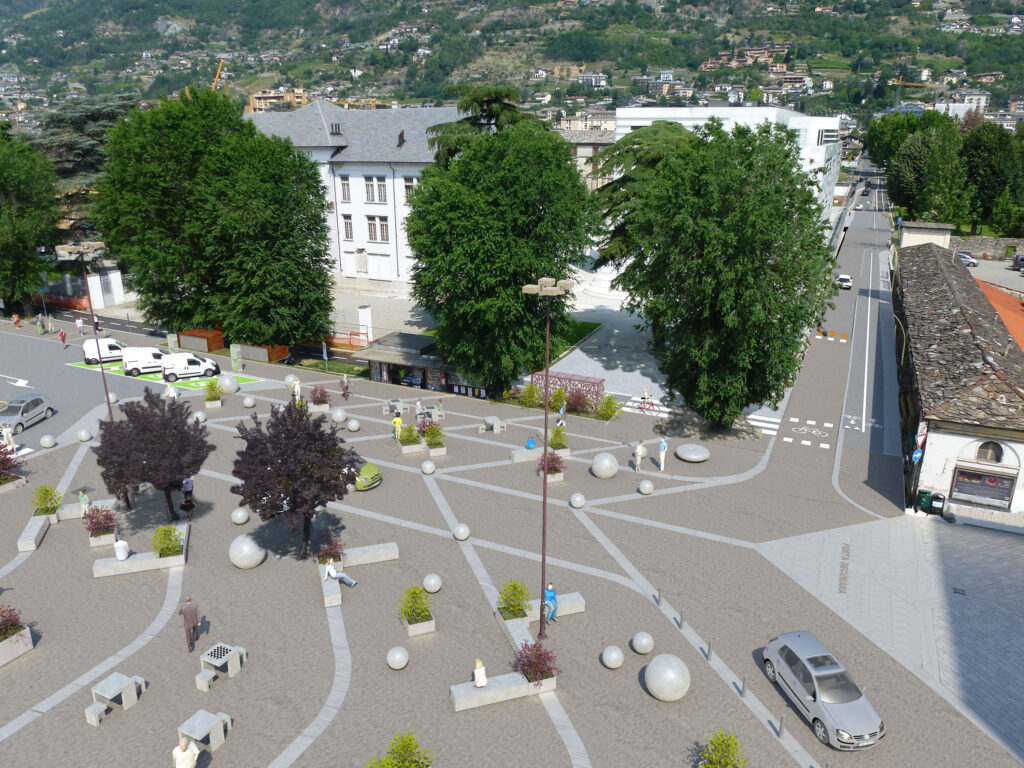 Progetto vista da sud delle aree limitrofe alla nuova sede dell’Università della Valle d’Aosta