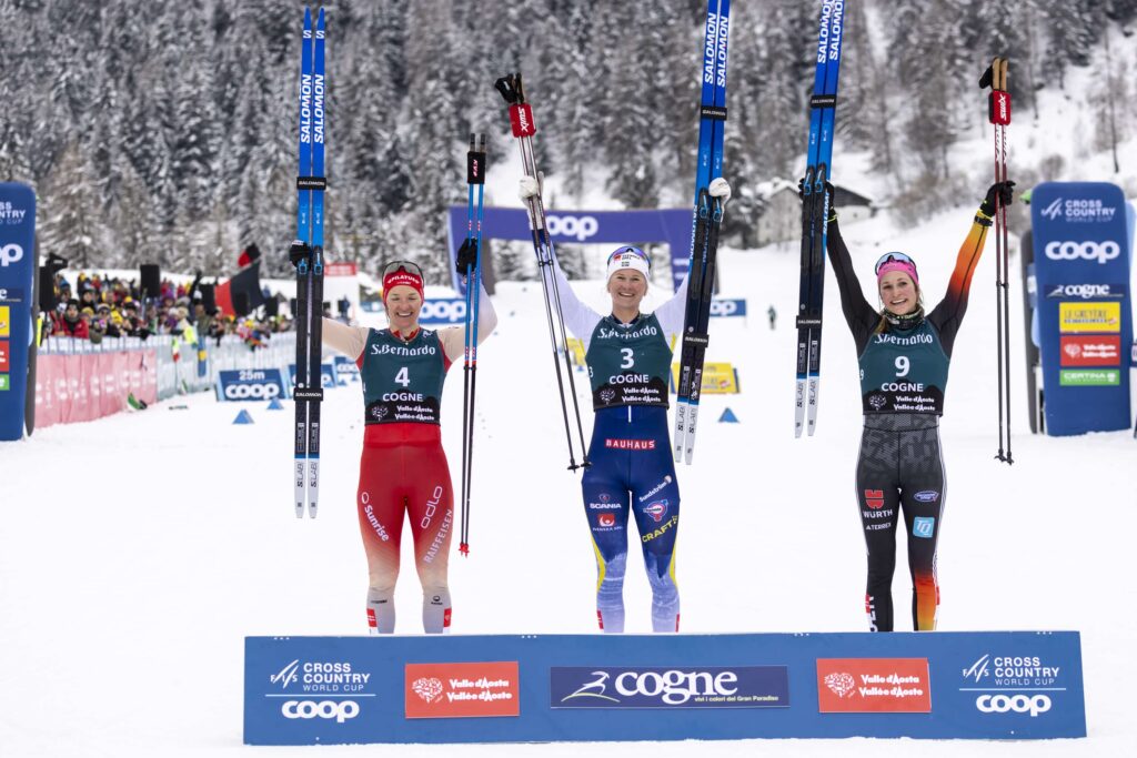 Podio sprint femminile Coppa del Mondo di Cogne 2025