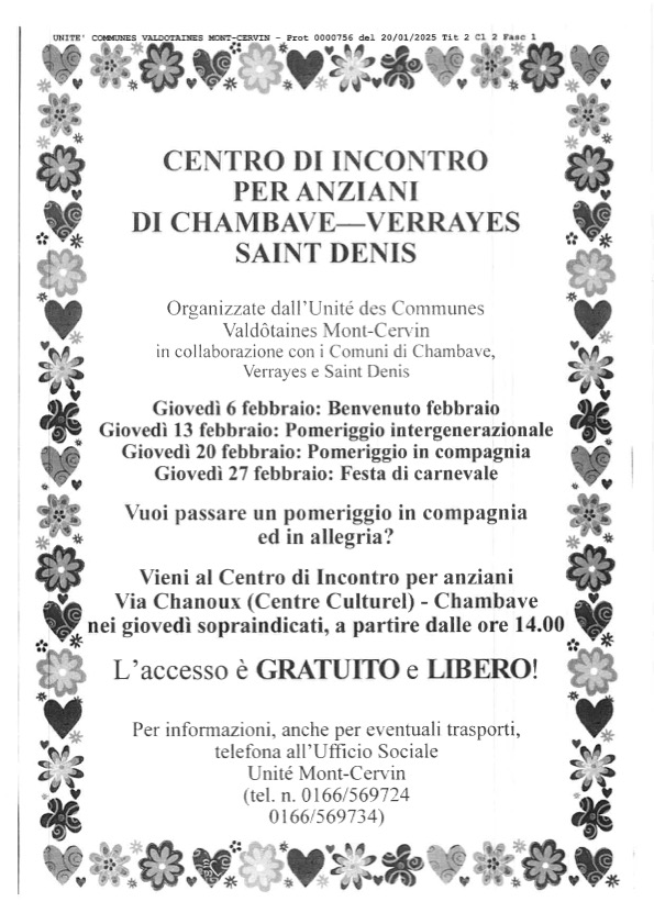 Locandina centro di incontro per anziani a Chambave