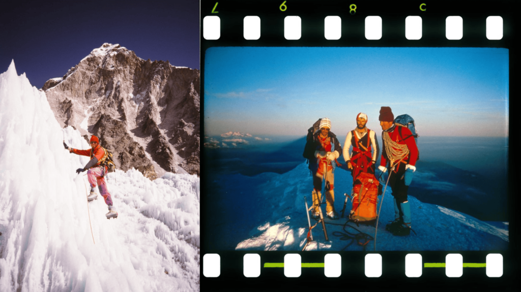 A sinistra, la guida alpina Giuseppe Petigax nella salita al Monte Bianco per la Via Innominata nel 1975. Credits: Dimensione Montagne; proprietario: Giuseppe Petigax. A destra, le guide alpine Lorenzino Cosson, Giuliano Trucco e Leo Pession al termine dell'ascensione al Pilone Centrale del Frêney nel 1980. Credits: Dimensione Montagne; proprietario: Lorenzino Cosson).