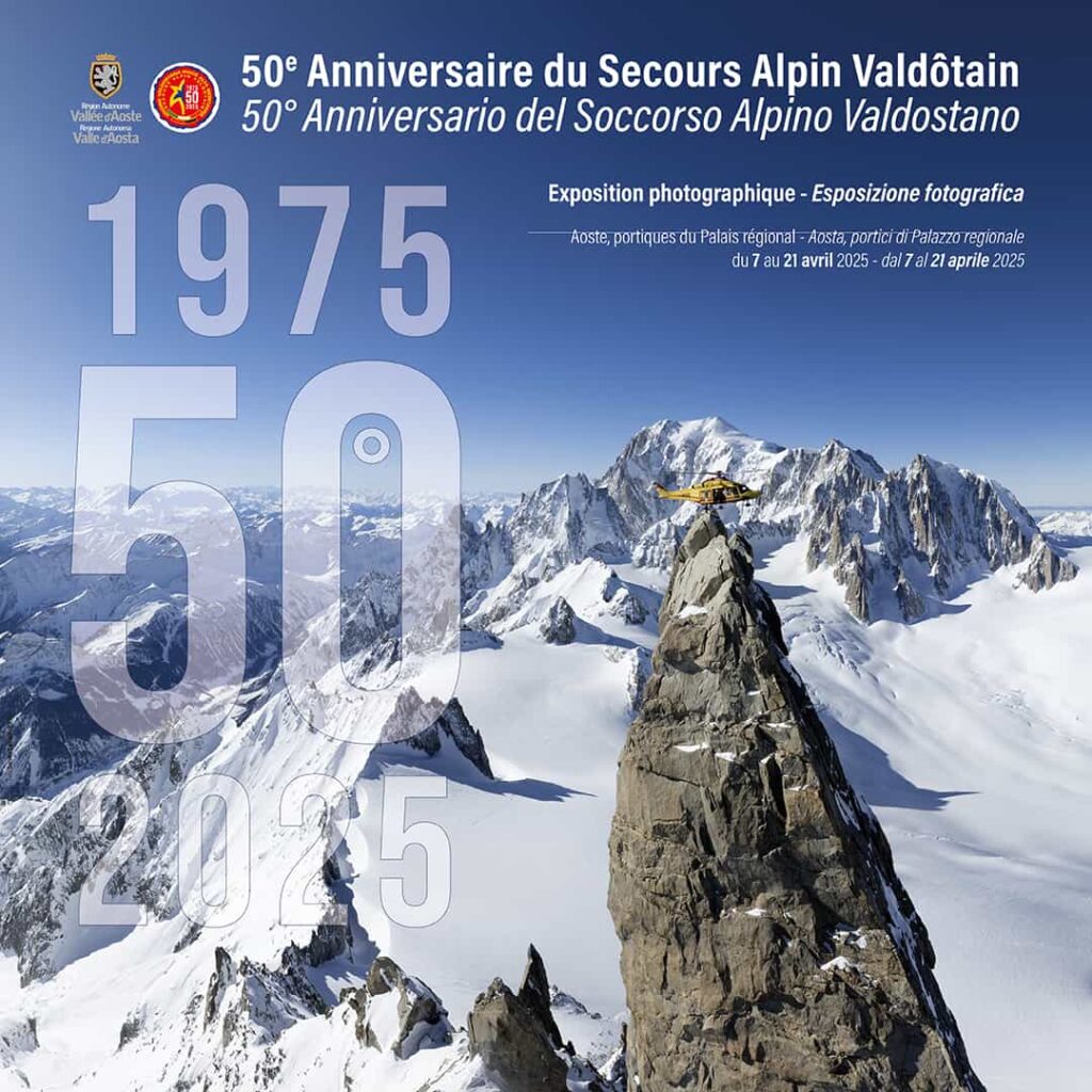 Locandina di presentazione della mostra fotografica 50 anni del Soccorso alpino valdostano