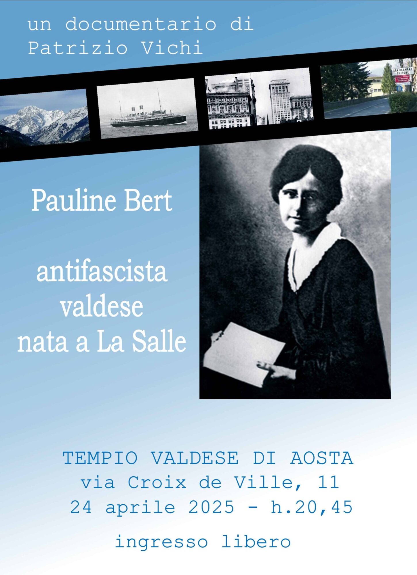 Proiezione del documentario Pauline Bert al Tempio Valdese di Aosta