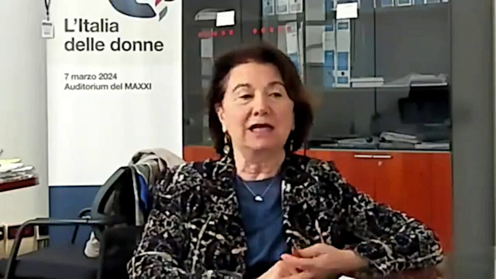Il ministro per la famiglia e le pari opportunità, Eugenia Roccella durante il collegamento con il convegno di FdI a La Thuile