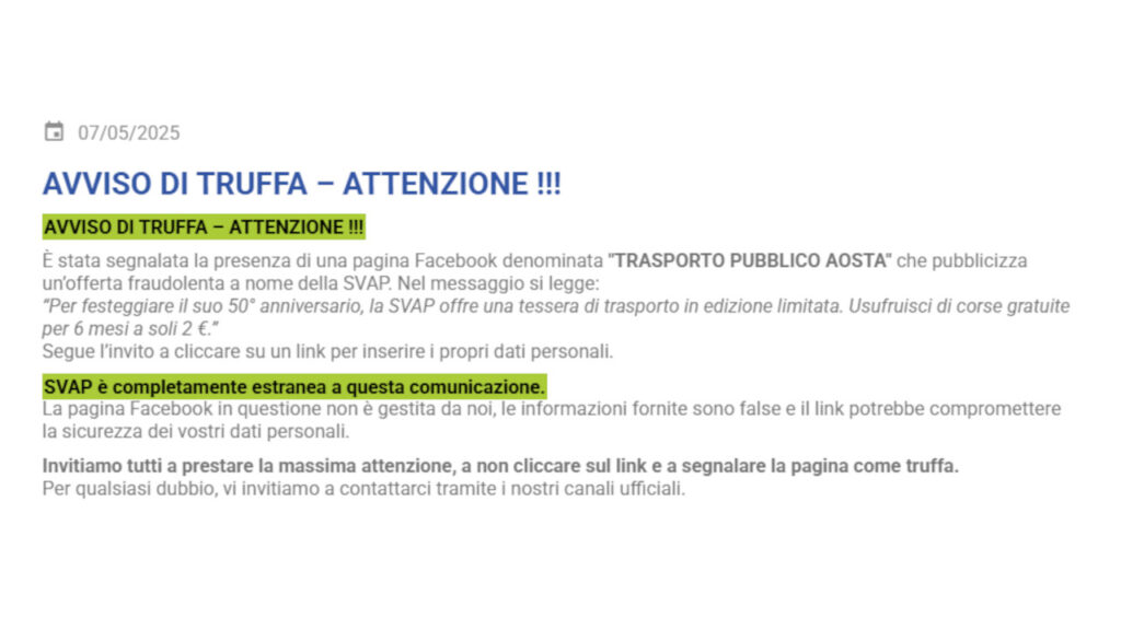 L'avviso di truffa pubblicato sul sito ufficiale della Svap