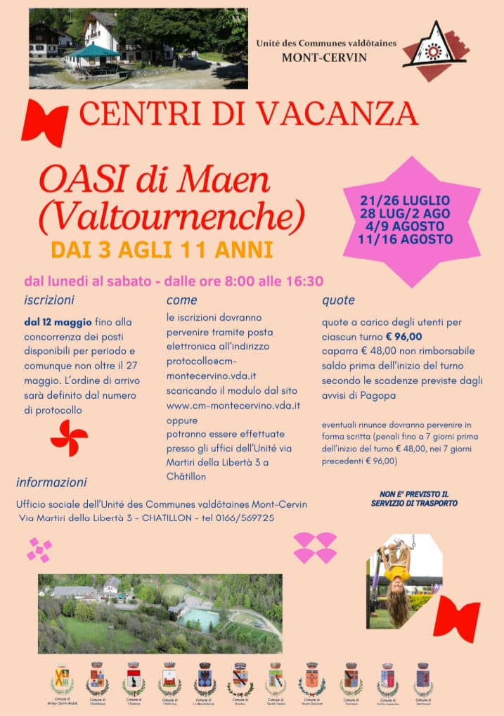 Locandina dei centri di vacanza all'Oasi di Maen