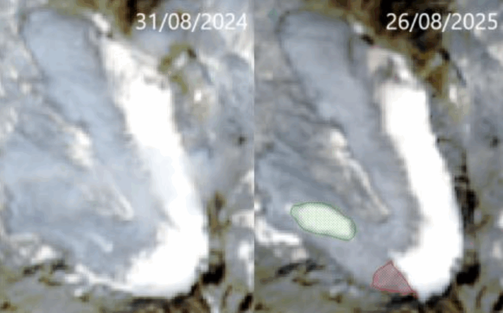 Confronto di immagini Sentinel-2 (31/08/2024 e 26/08/2025): nell’estate 2025 si osserva la mancanza di una porzione dell’accumulo superiore (in rosso) e il deposito del materiale nelle parti inferiori del ghiacciaio (in verde)