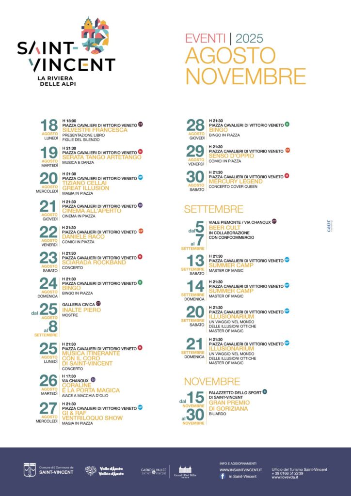 Locandina eventi Saint-Vincent agosto- settembre-novembre