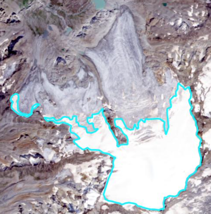 Estensione della neve residua in data 26 agosto 2025 al culmine della stagione di ablazione prima degli apporti nevosi di tarda estate