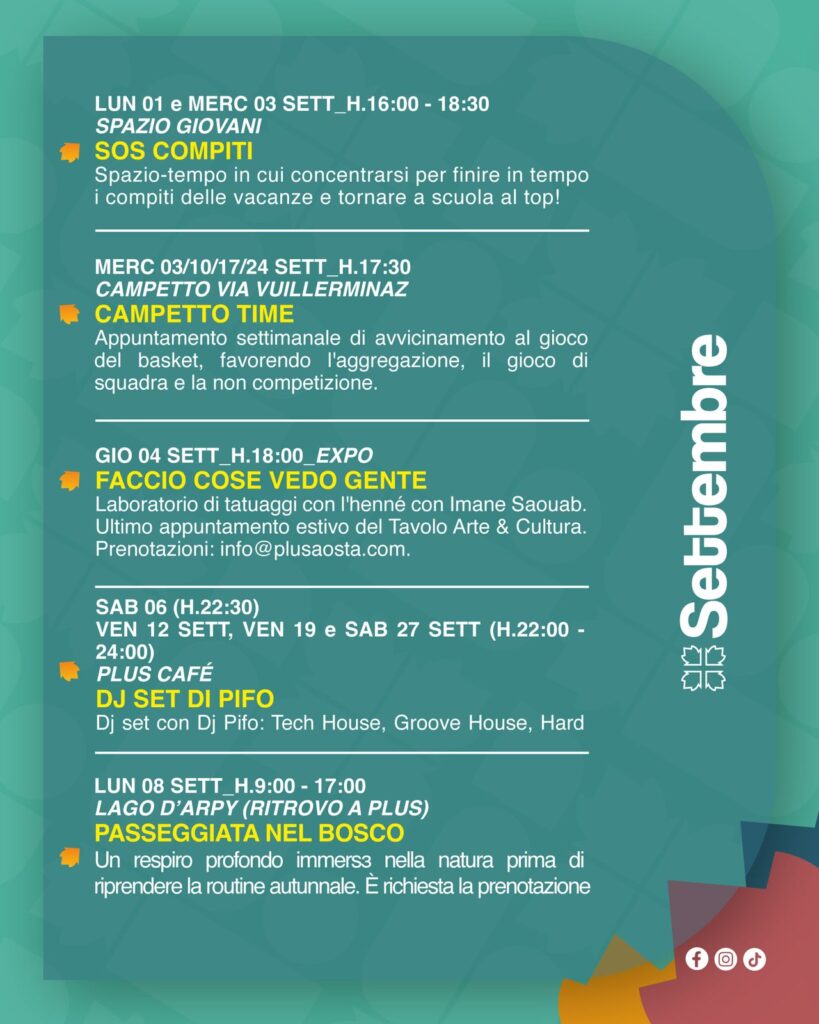Il calendario di appuntamenti organizzati da Plus a settembre 2025
