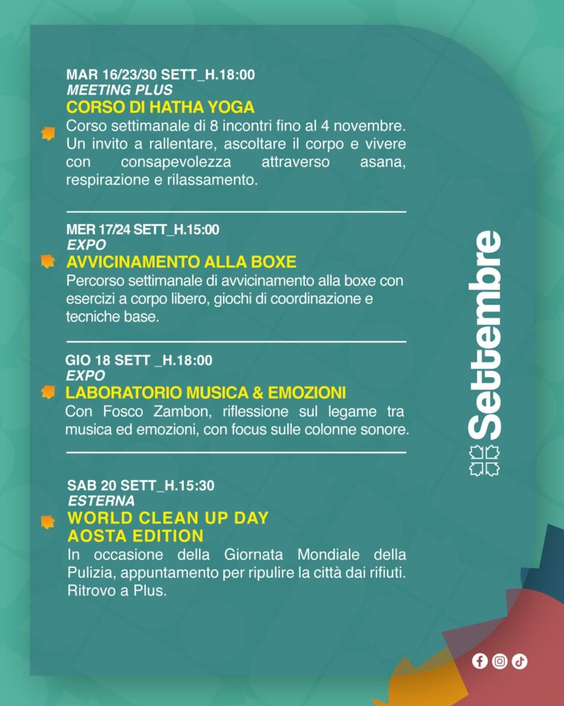 Il calendario di appuntamenti organizzati da Plus a settembre 2025