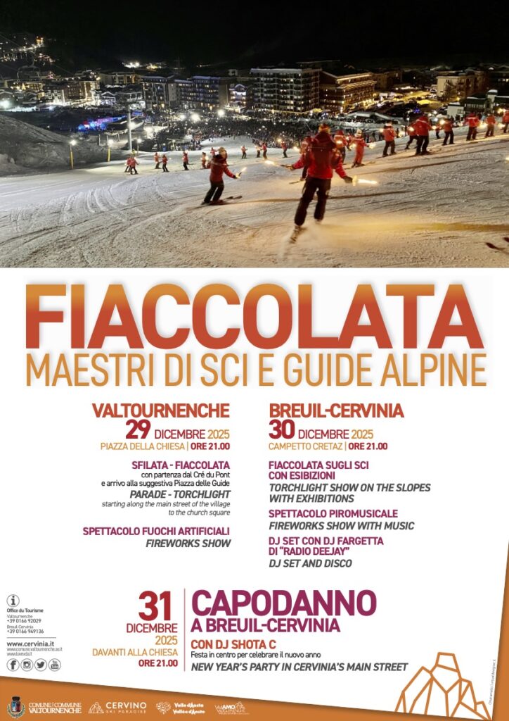 Locandina fiaccolate dei maestri di sci e delle guide alpine a Breuil-Cervinia e Valtournenche