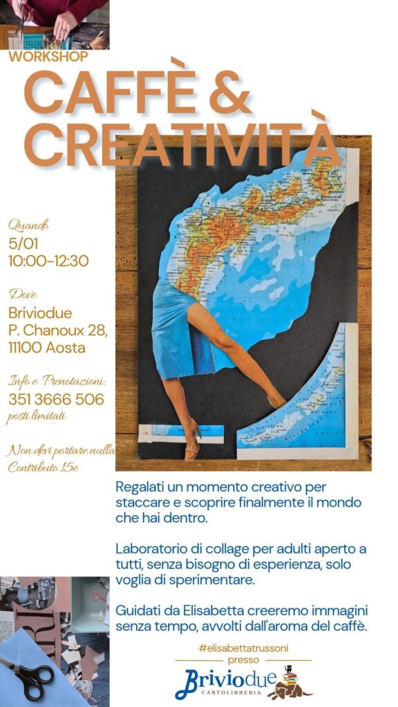 Locandina del laboratorio creativo di collage per adulti guidato da Elisabetta Trussoni