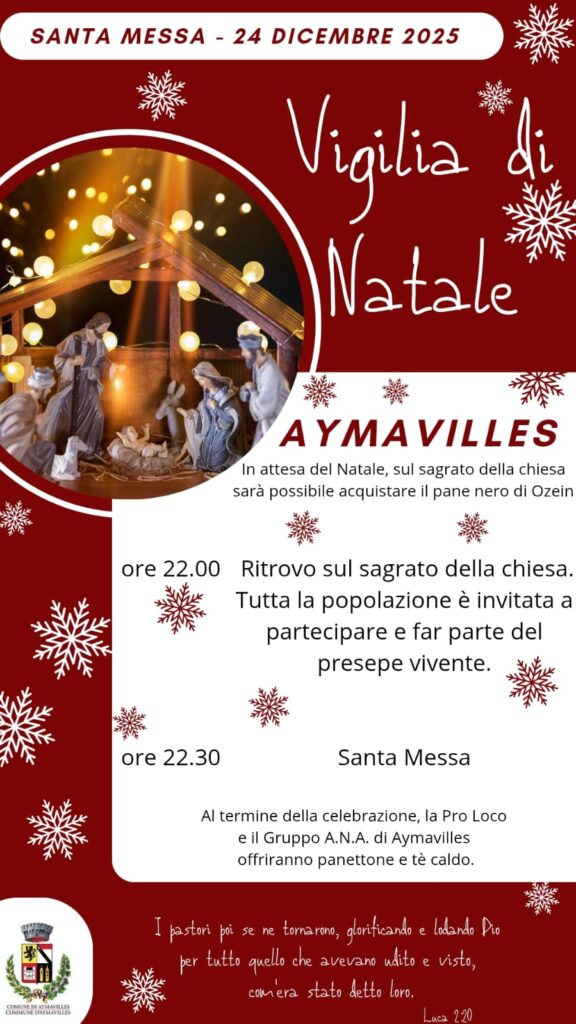 Locandina vigilia di Natale a Aymavilles