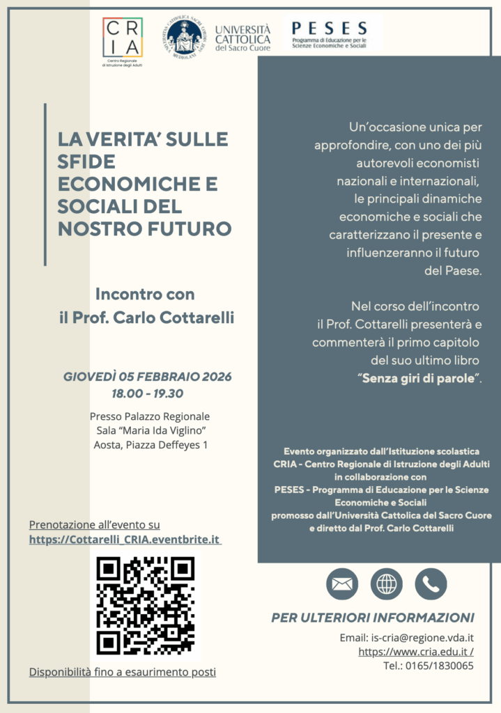 Locandina Carlo Cottarelli incontra gli studenti del CRIA e il pubblico ad Aosta