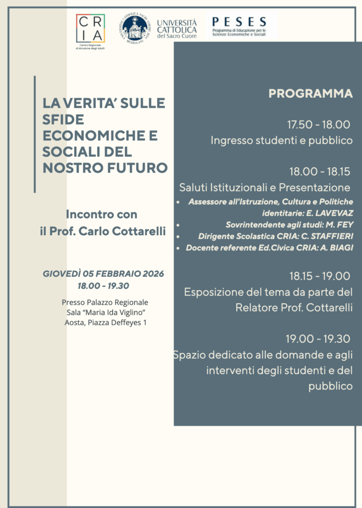 Locandina Carlo Cottarelli incontra gli studenti del CRIA e il pubblico ad Aosta