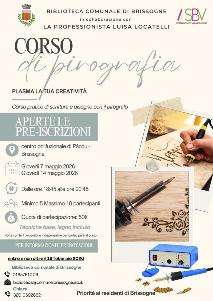 Locandina corso di pirografia a Brissogne
