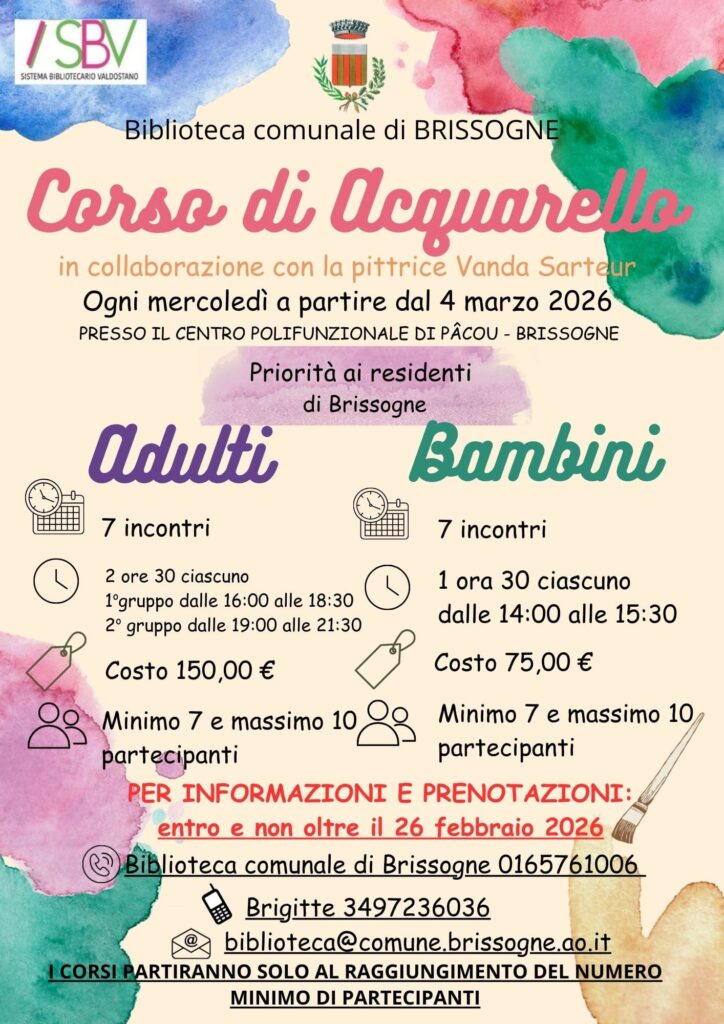Locandina corso di acquarello a Brissogne