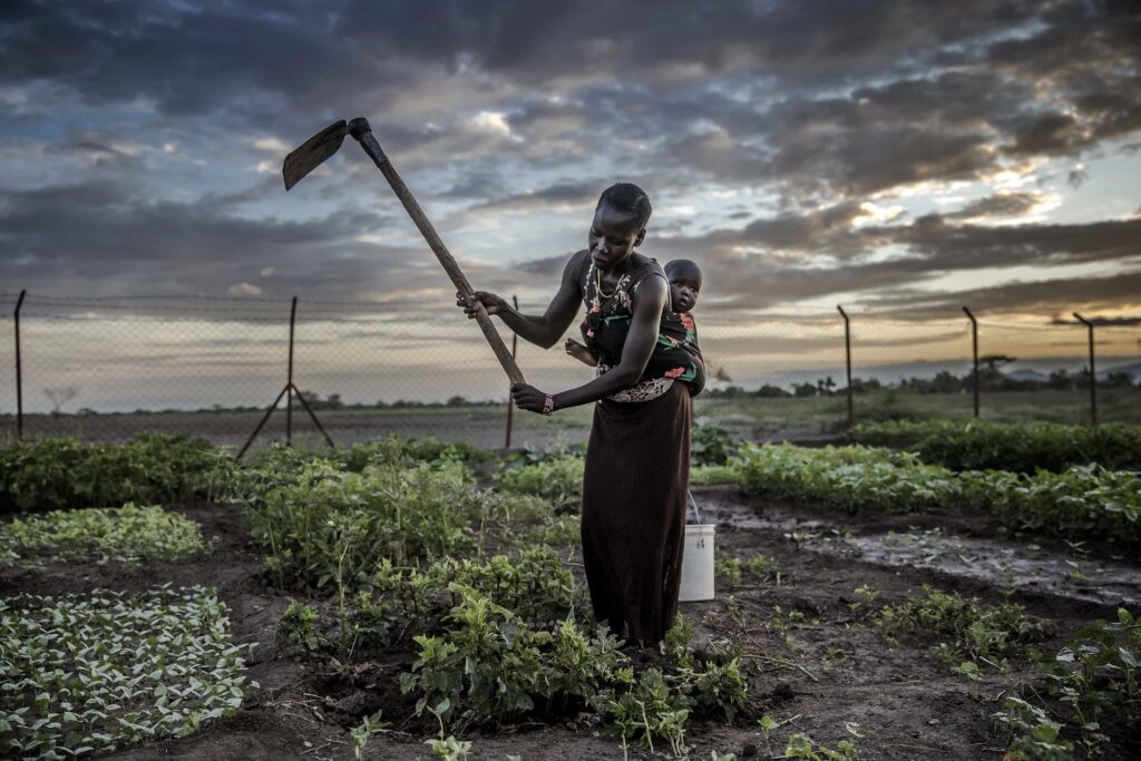 Una rifugiata sudanese, con il figlio portato sulla schiena, al lavoro nei campi del centro per rifugiati di Kalobeyei, in Kenya.