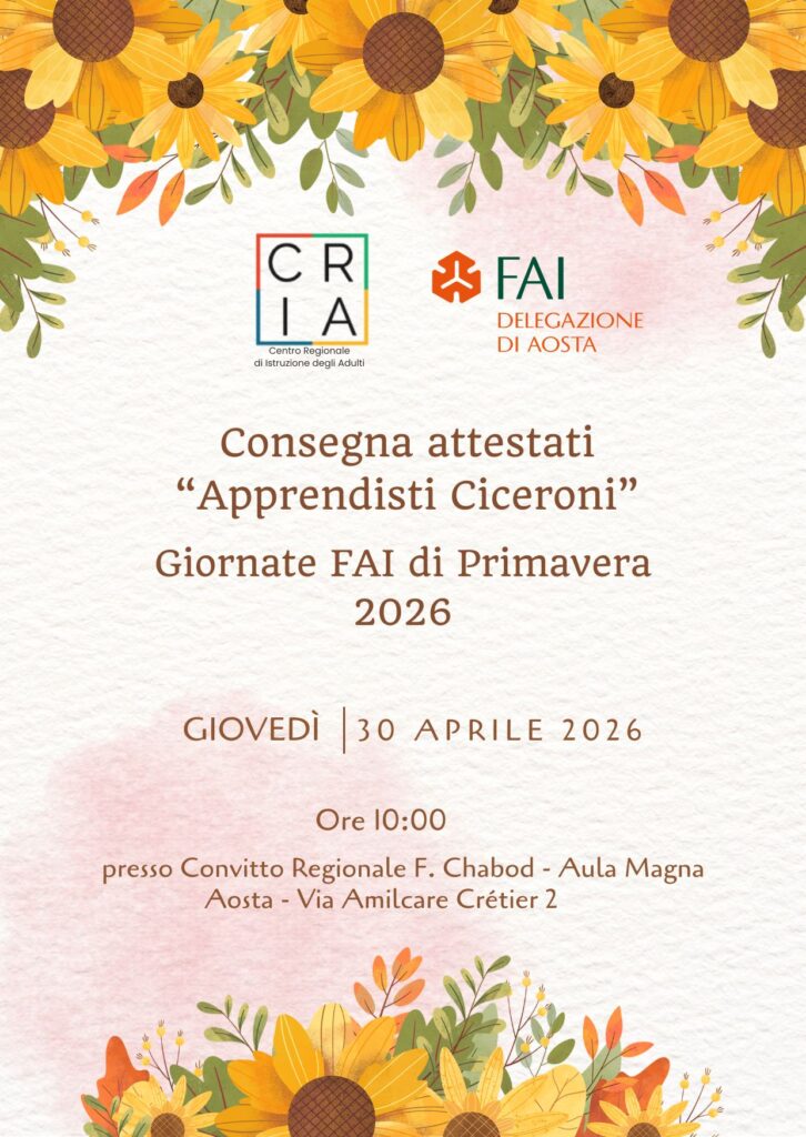 Locandina della consegna attestati apprendisti ciceroni del Fai
