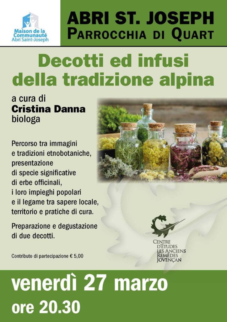 Locandina incontro dedicato ai decotti e agli infusi alpini