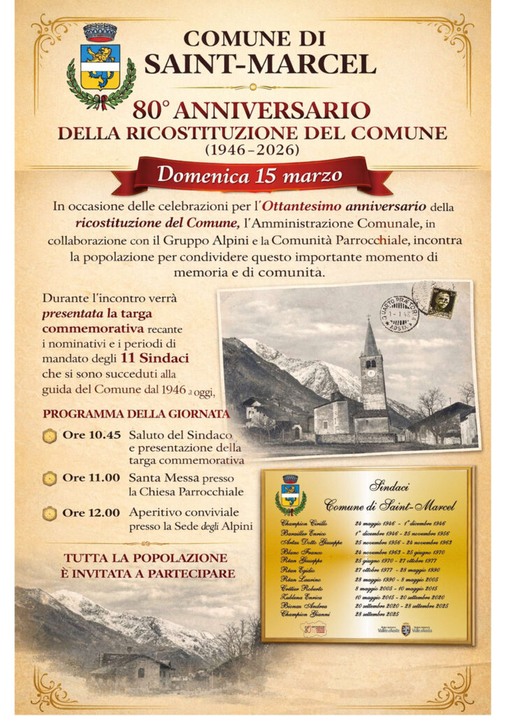 Locandina 80° anniversario della ricostruzione del Comune di Saint-Marcel