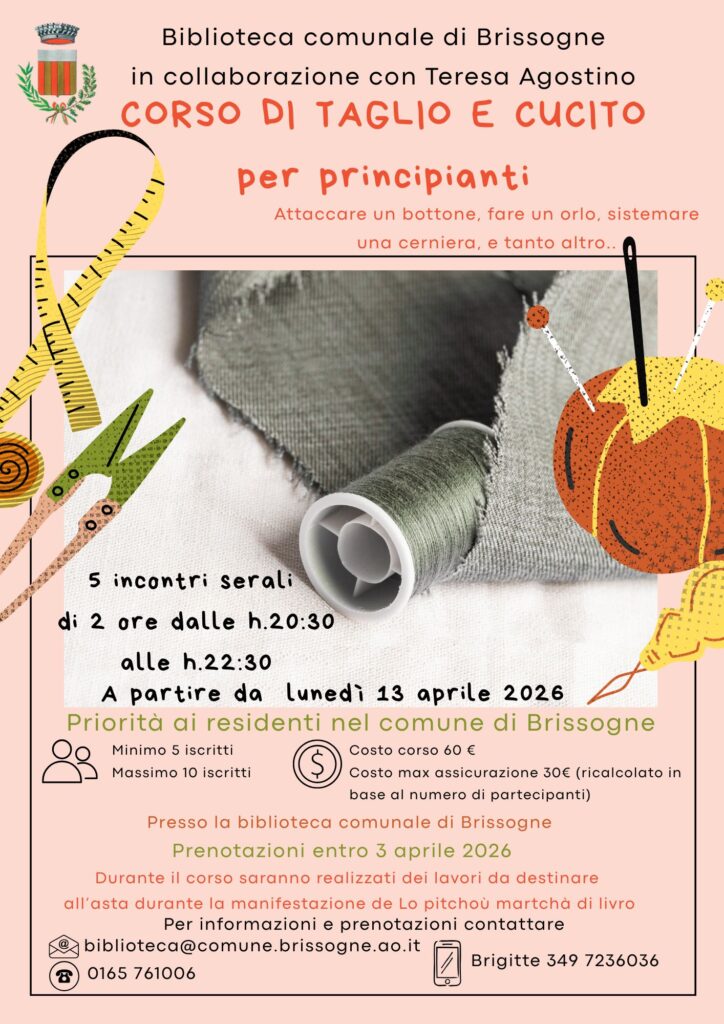 Locandina Corso di taglio e cucito a Brissogne