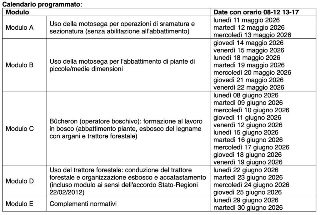 Calendario Programmato Del Corso Per Operatore Forestale