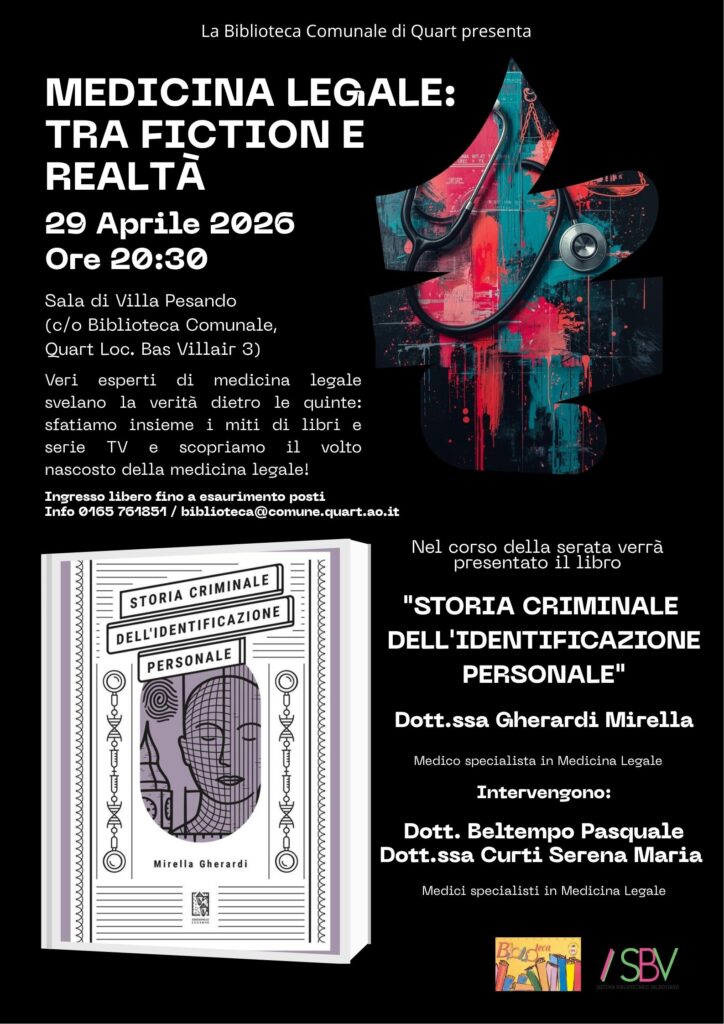 Locandina evento Biblioteca Quart Medicina legale